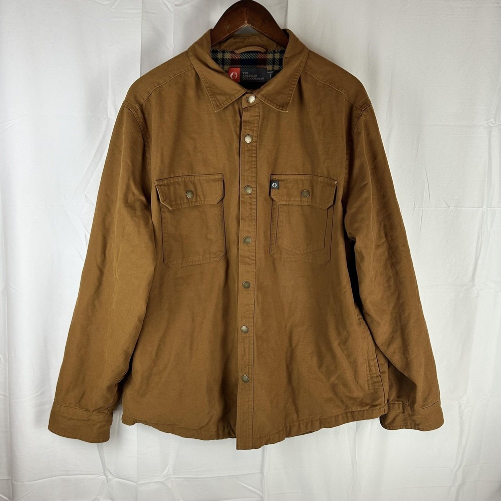 The American Outdoorsman Jacket Mens Large Brown Canvas Fleece Lined Snap Front